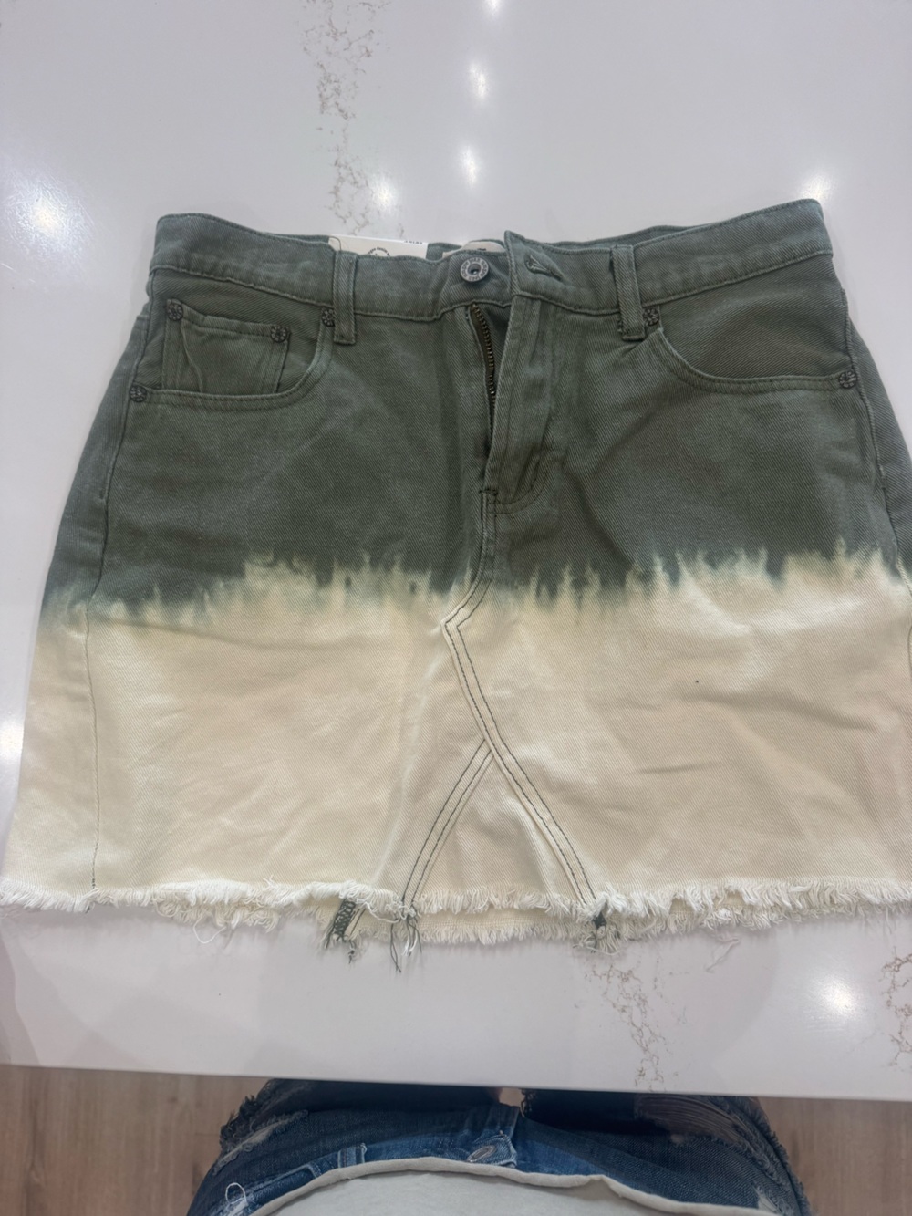 Umgee Olive Green Denim Skirt with Cream Label Detail